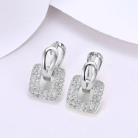 Pave Sqaure Huggie Earring in 18K White Gold Plated