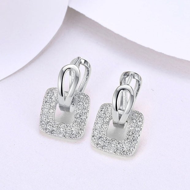 Pave Sqaure Huggie Earring in 18K White Gold Plated