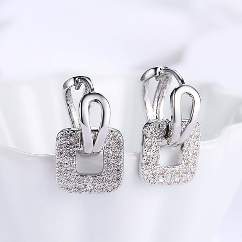 Pave Sqaure Huggie Earring in 18K White Gold Plated