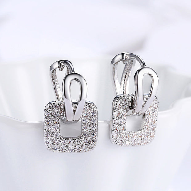 Pave Sqaure Huggie Earring in 18K White Gold Plated
