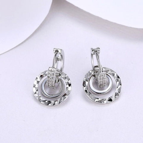 Austrian Crystal Hammered Design Circular Earrings Set in 18K White Gold - ALILY 