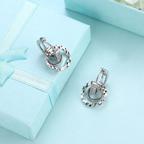 Austrian Crystal Hammered Design Circular Earrings Set in 18K White Gold - ALILY 