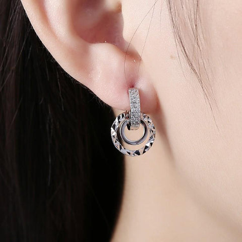 Austrian Crystal Hammered Design Circular Earrings Set in 18K White Gold - ALILY 