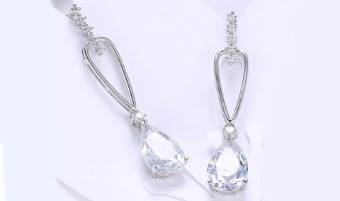 14K White Gold Plating Dangling White Sapphire Pear Cut Earrings
