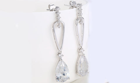 14K White Gold Plating Dangling White Sapphire Pear Cut Earrings