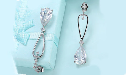 14K White Gold Plating Dangling White Sapphire Pear Cut Earrings