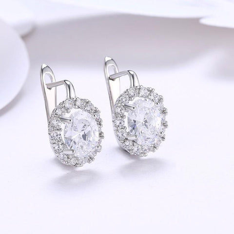 Austrian Crystal Circular Leverback Earrings Set in 18K White Gold - ALILY 