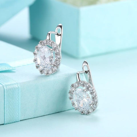Austrian Crystal Circular Leverback Earrings Set in 18K White Gold - ALILY 