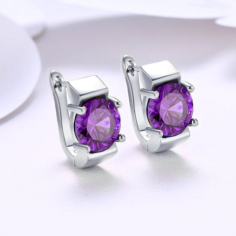 1.00 Ct Amethyst Round Cut Huggie Earring in 18K White Gold Plated