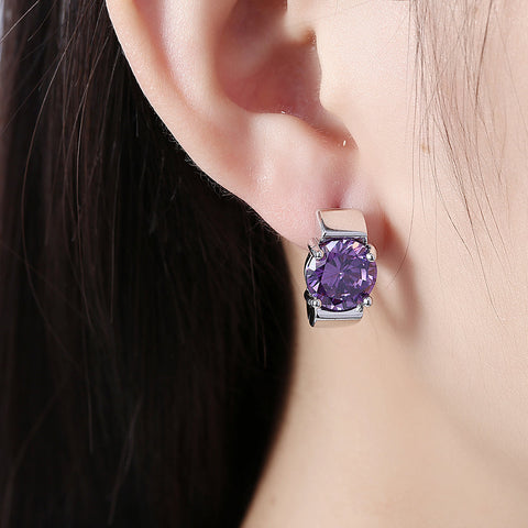 1.00 Ct Amethyst Round Cut Huggie Earring in 18K White Gold Plated