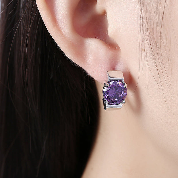 1.00 Ct Amethyst Round Cut Huggie Earring in 18K White Gold Plated