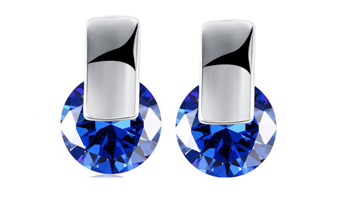 14K White Gold Plating Sleek Blue Austrian Elements Earrings ITALY Design