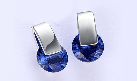 14K White Gold Plating Sleek Blue Austrian Elements Earrings ITALY Design
