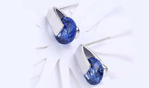 14K White Gold Plating Sleek Blue Austrian Elements Earrings ITALY Design