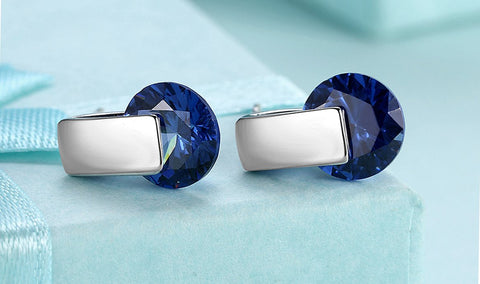 14K White Gold Plating Sleek Blue Austrian Elements Earrings ITALY Design