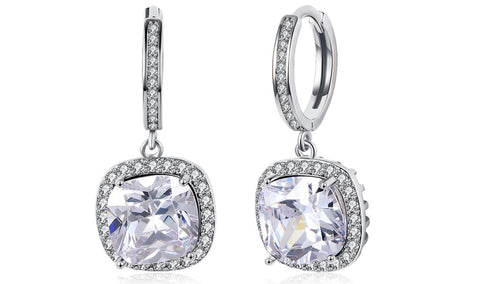 White Sapphire Asscher Cut Dangling Lever back Earrings in 14K White Gold