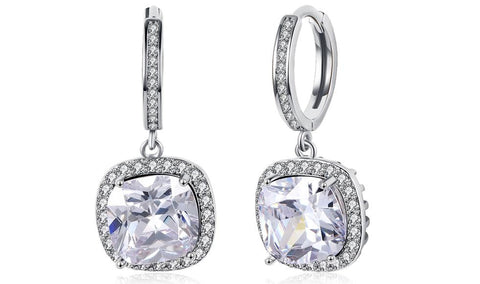 White Austrian Asscher Cut Dangling Lever back Earrings in 14K White Gold ITALY Design