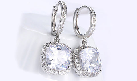 White Sapphire Asscher Cut Dangling Lever back Earrings in 14K White Gold