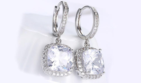 White Austrian Asscher Cut Dangling Lever back Earrings in 14K White Gold ITALY Design