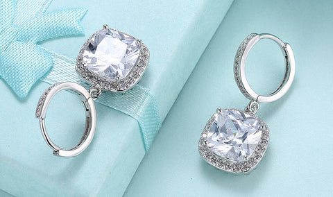 White Austrian Asscher Cut Dangling Lever back Earrings in 14K White Gold ITALY Design