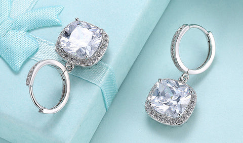 White Sapphire Asscher Cut Dangling Lever back Earrings in 14K White Gold