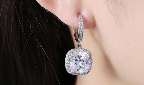 White Austrian Asscher Cut Dangling Lever back Earrings in 14K White Gold ITALY Design