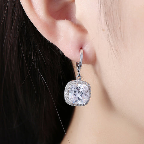 3.00 Ct Asscher Cut Halo Drop Earring in 18K White Gold Plated