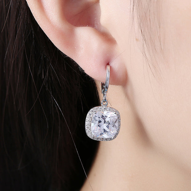 3.00 Ct Asscher Cut Halo Drop Earring in 18K White Gold Plated
