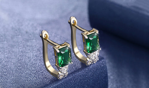 14K Gold Plating Emerald Cut Green  Elements Twisted Pav&