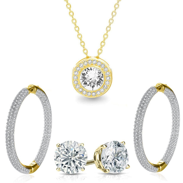 Pave Halo Disc Necklace & Pave Hoop Earring made With Austrian Crystals with Luxe Box - 18K Gold ITALY Design