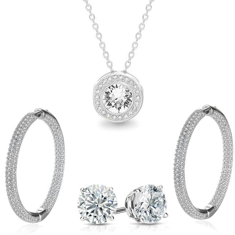 Pave Halo Disc Necklace & Pave Hoop Earring made With Austrian Crystals with Luxe Box - 18K Gold ITALY Design