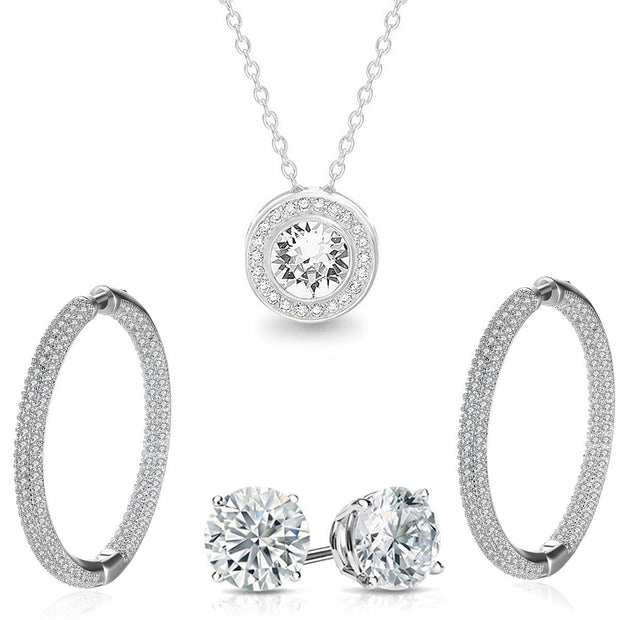 Pave Halo Disc Necklace & Pave Hoop Earring made With Austrian Crystals with Luxe Box - 18K Gold ITALY Design