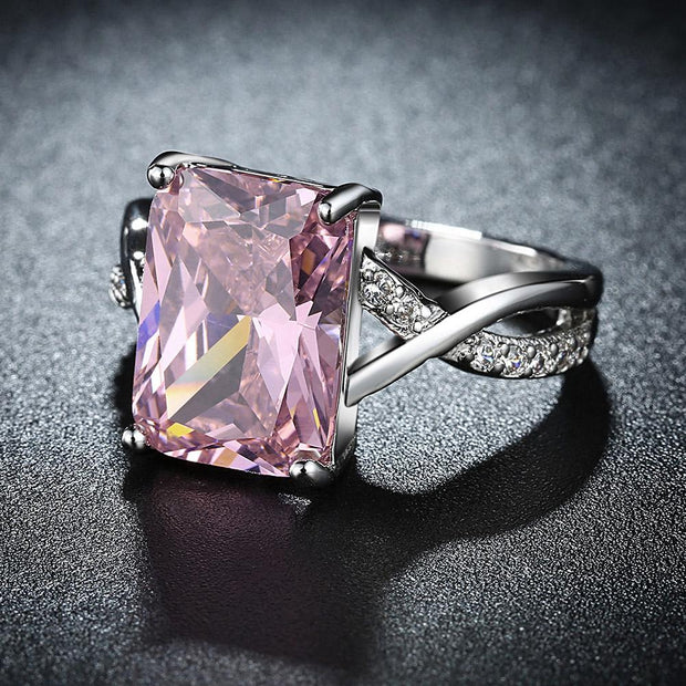 Emerald Cut Pink Crystal Swirl Ring Set in 18K White Gold Plating Made with Swarovski Elements, , ALILY , ALILY   jewelryjewelry deals, swarovski crystal jewelry, groupon jewelry,, jewelry for mom, 