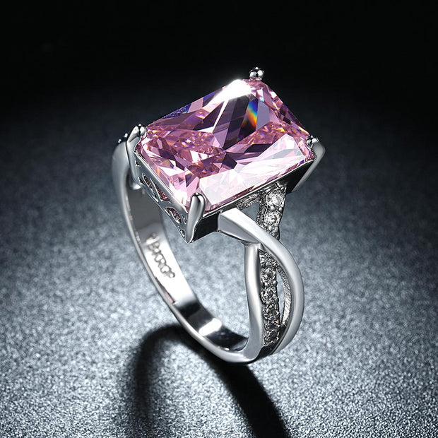 Emerald Cut Pink Crystal Swirl Ring Set in 18K White Gold Plating Made with Swarovski Elements, , ALILY , ALILY   jewelryjewelry deals, swarovski crystal jewelry, groupon jewelry,, jewelry for mom, 