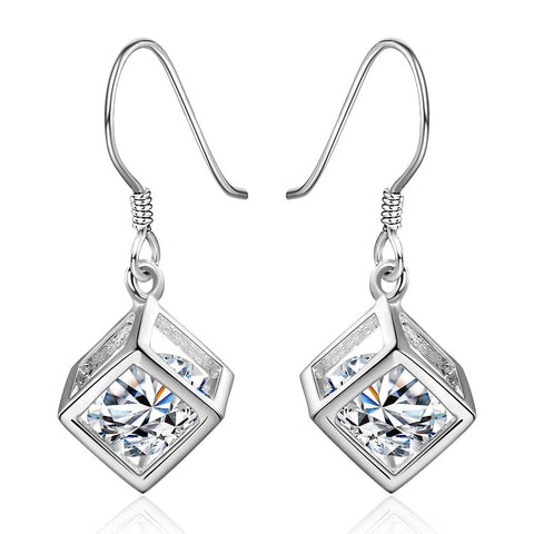 Crystal Cube Drop Earring in 18K White Gold Plated