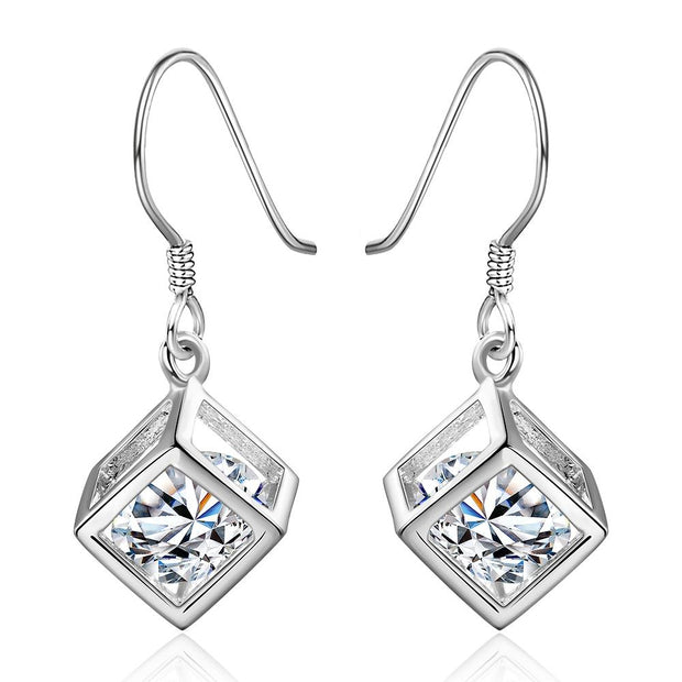 Crystal Cube Drop Earring in 18K White Gold Plated