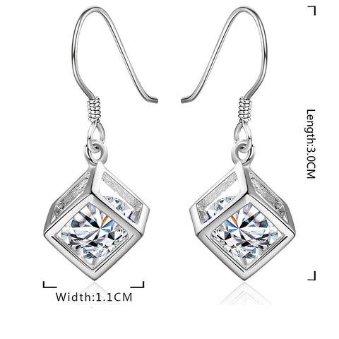 Crystal Cube Drop Earring in 18K White Gold Plated