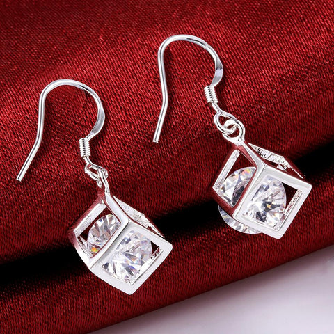 Crystal Cube Drop Earring in 18K White Gold Plated