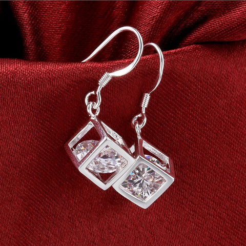 Crystal Cube Drop Earring in 18K White Gold Plated