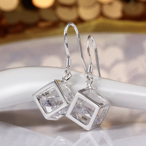 Crystal Cube Drop Earring in 18K White Gold Plated