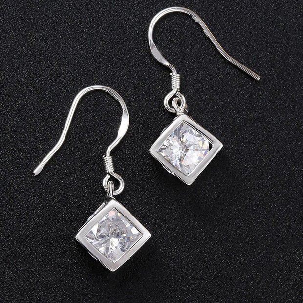 Crystal Cube Drop Earring in 18K White Gold Plated