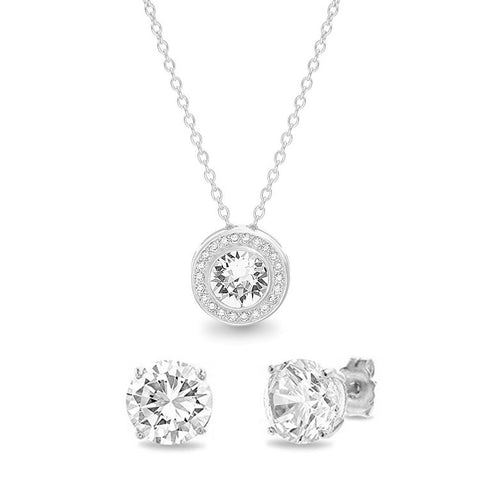 Pave Halo Disc Necklace & Stud Earring With Austrian Crystals with Luxe Box - 18K White Gold ITALY Design