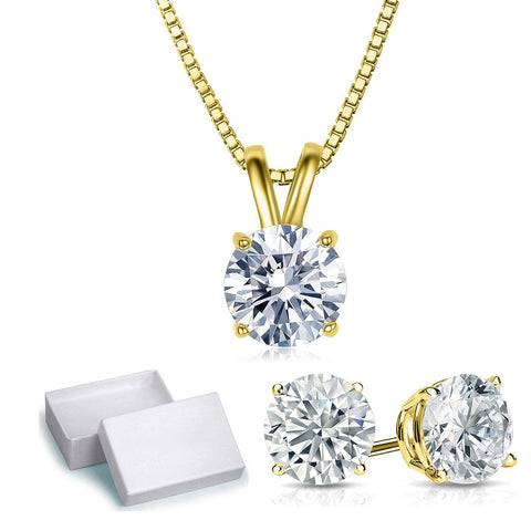 Solitaire Necklace and 4 Prong Earring made With Austrian Crystals with Luxe Box - 18K Gold ITALY Design