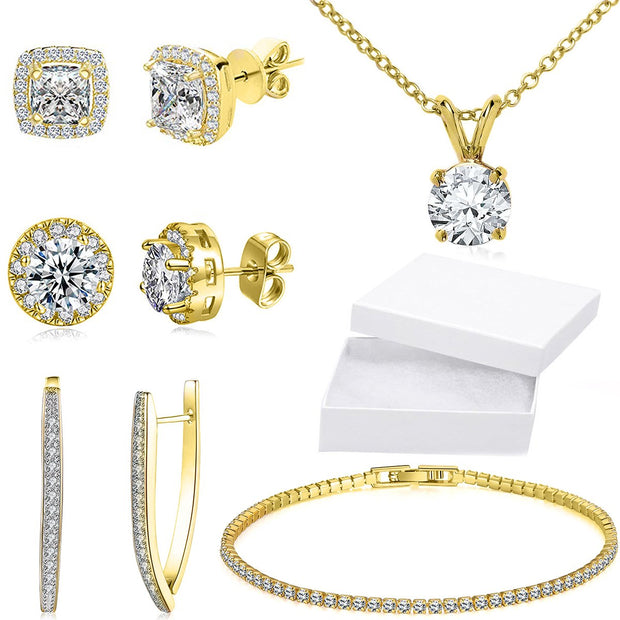 10Ct Tennis Bracelet + Halo Earring+ Necklace With  Crystals - 5 Piece Set with Luxe Box - 18K Gold ITALY Design