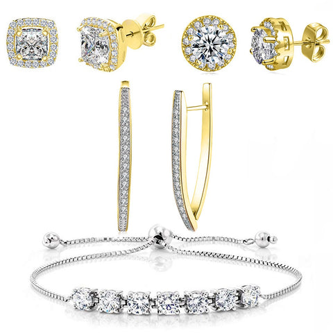 Halo Stud Earring with Adjustable Tennis Bracelet made With Austrian Crystals with Luxe Box - 18K Gold ITALY Design