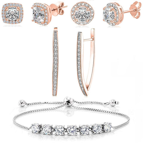 4 Piece Halo Set With Crystals 18K Rose Gold Plated Set in 18K Rose Gold Plated ITALY Design