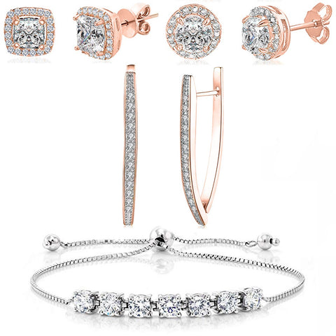 Halo Stud Earring with Adjustable Tennis Bracelet made With Austrian Crystals with Luxe Box - 18K Rose ITALY Design