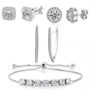 Halo Stud Earring with Adjustable Tennis Bracelet made With Austrian Crystals with Luxe Box - 18K White Gold ITALY Design