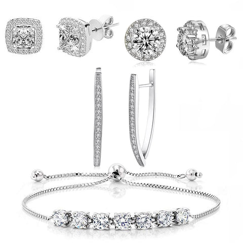 Halo Stud Earring with Adjustable Tennis Bracelet made With Austrian Crystals with Luxe Box - 18K White Gold ITALY Design
