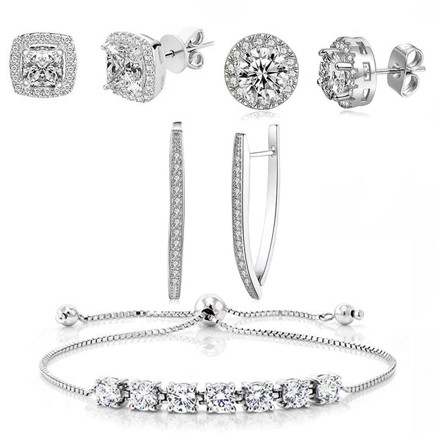 Halo Stud Earring with Adjustable Tennis Bracelet made With Austrian Crystals with Luxe Box - 18K White Gold ITALY Design